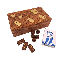 Tradicinių žaidimų rinkinys medinėje dėžutėje kortos domino kauliukai