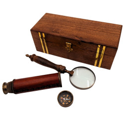 Vintage Travel Set – Kompasas, Teleskopas ir Lupa medinėje dėžutėje