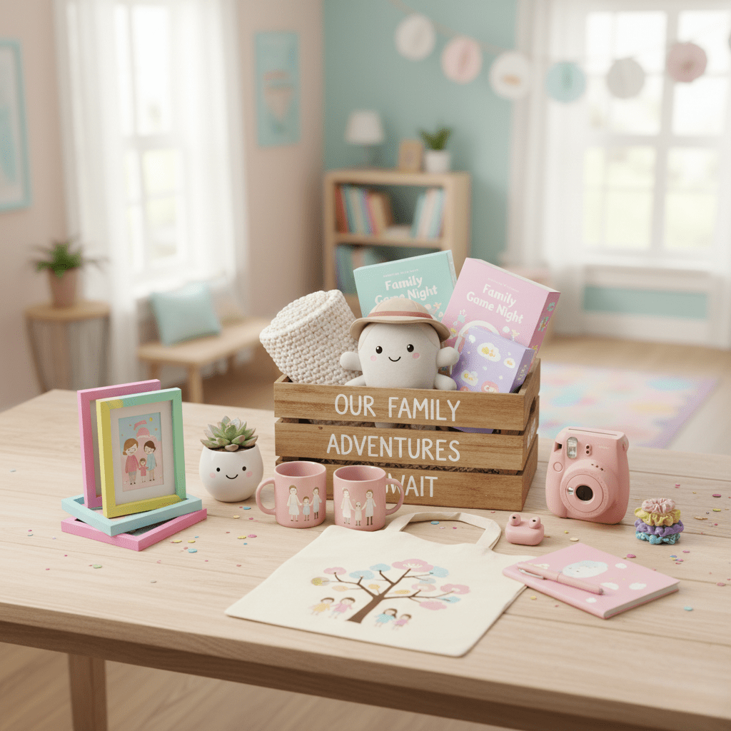 Iliustracinė nuotrauka su mielomis šeimos tematikos dovanomis